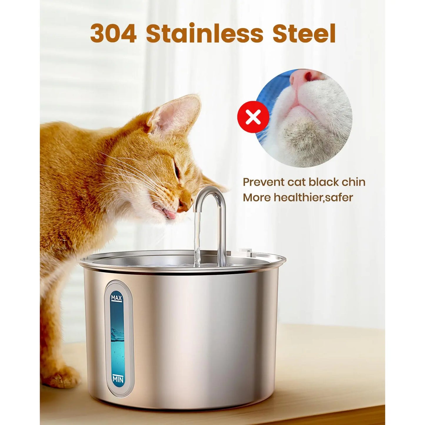 Oneisall 2L Automatic Cat Water Fountain with 3 Replacement Filters, 304 Stainless Steel, Visual Water Level Window with LED – Ideal Gift for Pets