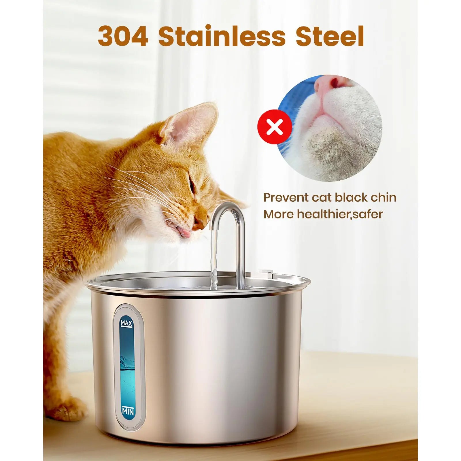 Oneisall 2L Automatic Cat Water Fountain with 3 Replacement Filters, 304 Stainless Steel, Visual Water Level Window with LED – Ideal Gift for Pets