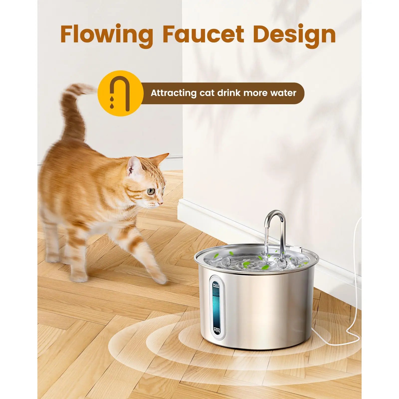 Oneisall 2L Automatic Cat Water Fountain with 3 Replacement Filters, 304 Stainless Steel, Visual Water Level Window with LED – Ideal Gift for Pets