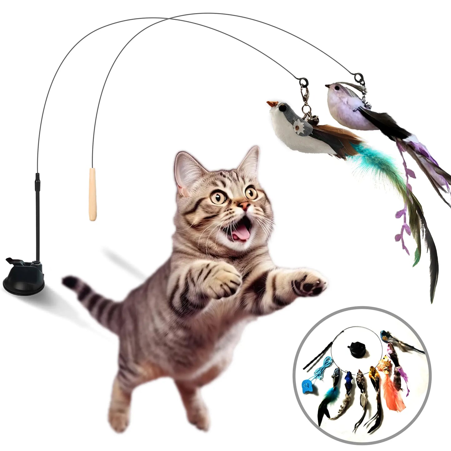 Interactive Cat Toy Wand - 10-in-1 Hands-Free Natural Bird Feather and Ball Set with Suction Cup for Indoor Play