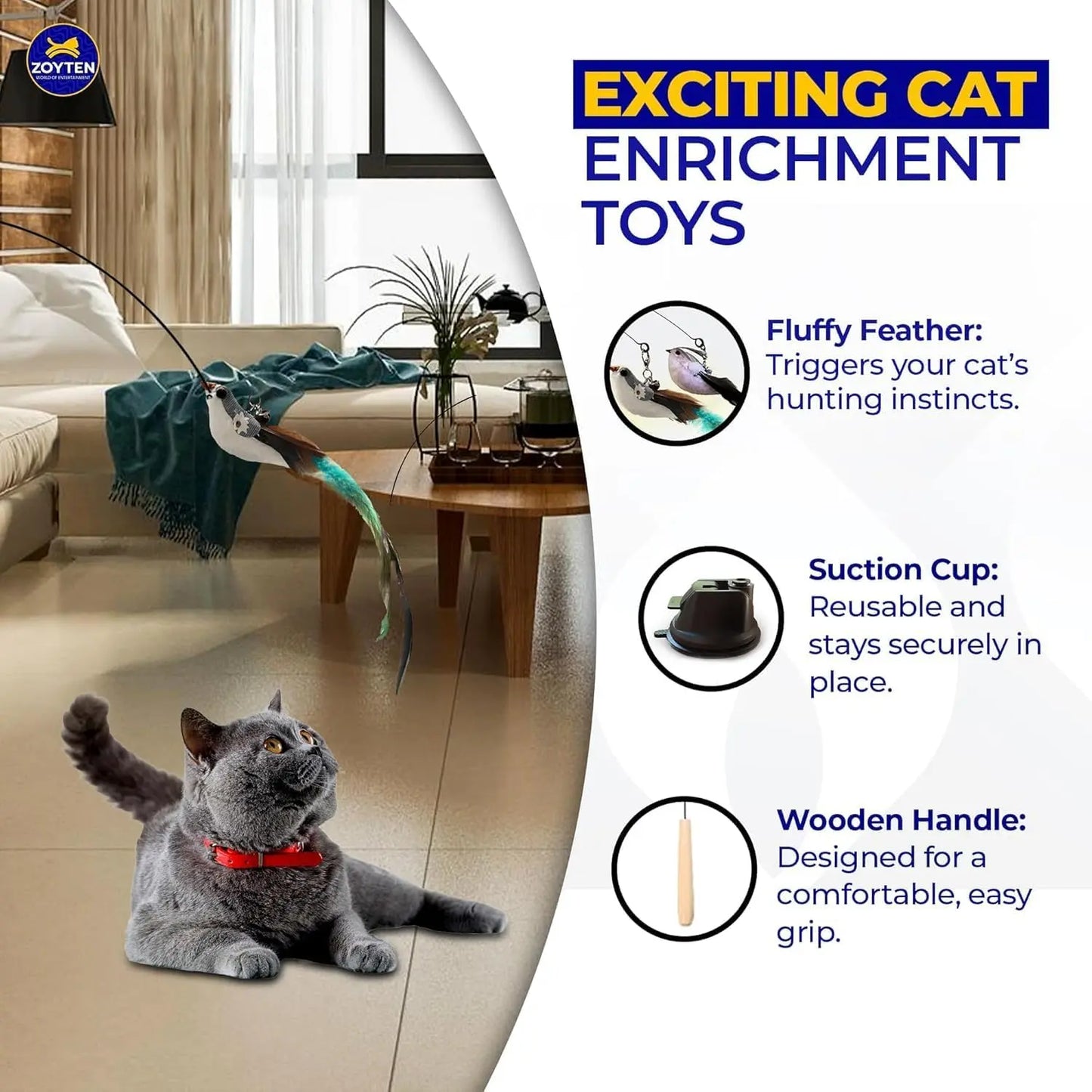 Interactive Cat Toy Wand - 10-in-1 Hands-Free Natural Bird Feather and Ball Set with Suction Cup for Indoor Play