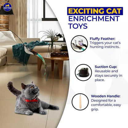 Interactive Cat Toy Wand - 10-in-1 Hands-Free Natural Bird Feather and Ball Set with Suction Cup for Indoor Play
