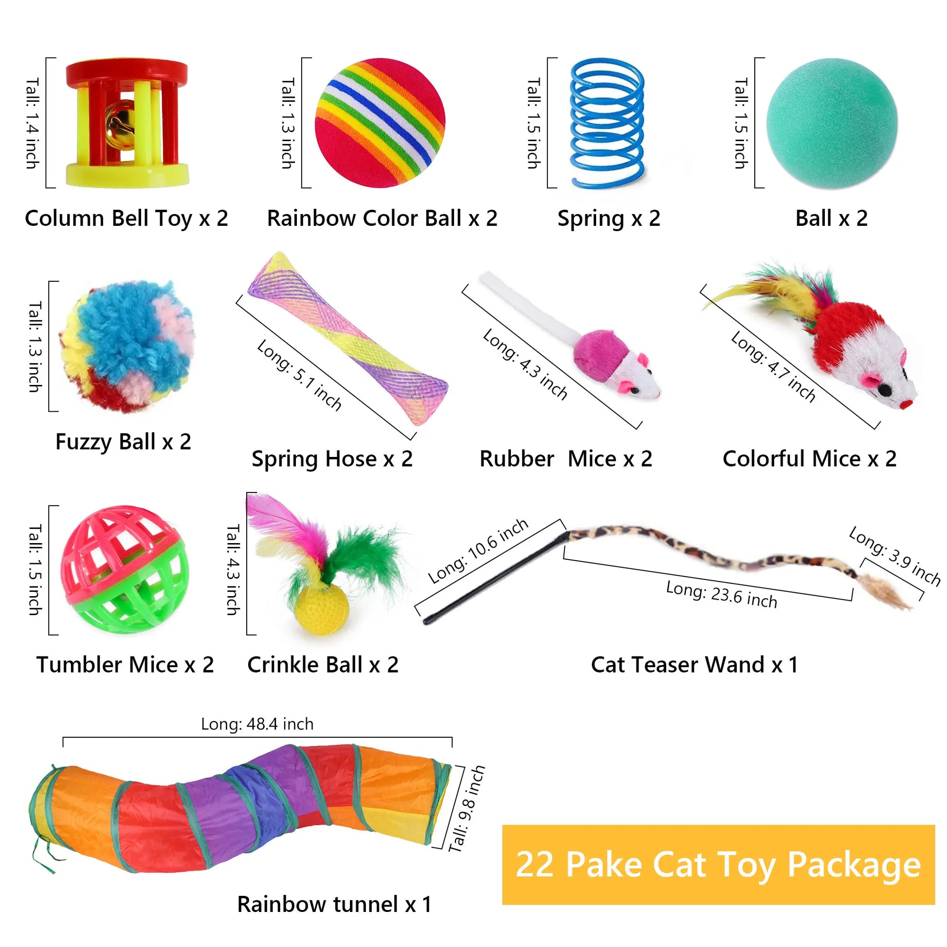 Interactive Cat Toy Set - 22 Pieces for Kittens and Indoor Cats, Featuring Rainbow Tunnel, Feather Teaser Wand, Sisal Mice, Bell Balls, and Crinkle Balls