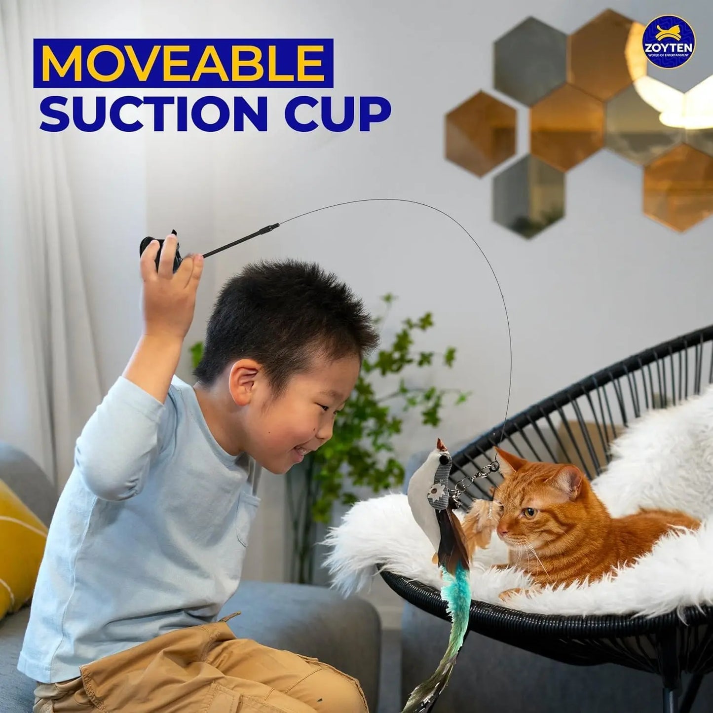 Interactive Cat Toy Wand - 10-in-1 Hands-Free Natural Bird Feather and Ball Set with Suction Cup for Indoor Play
