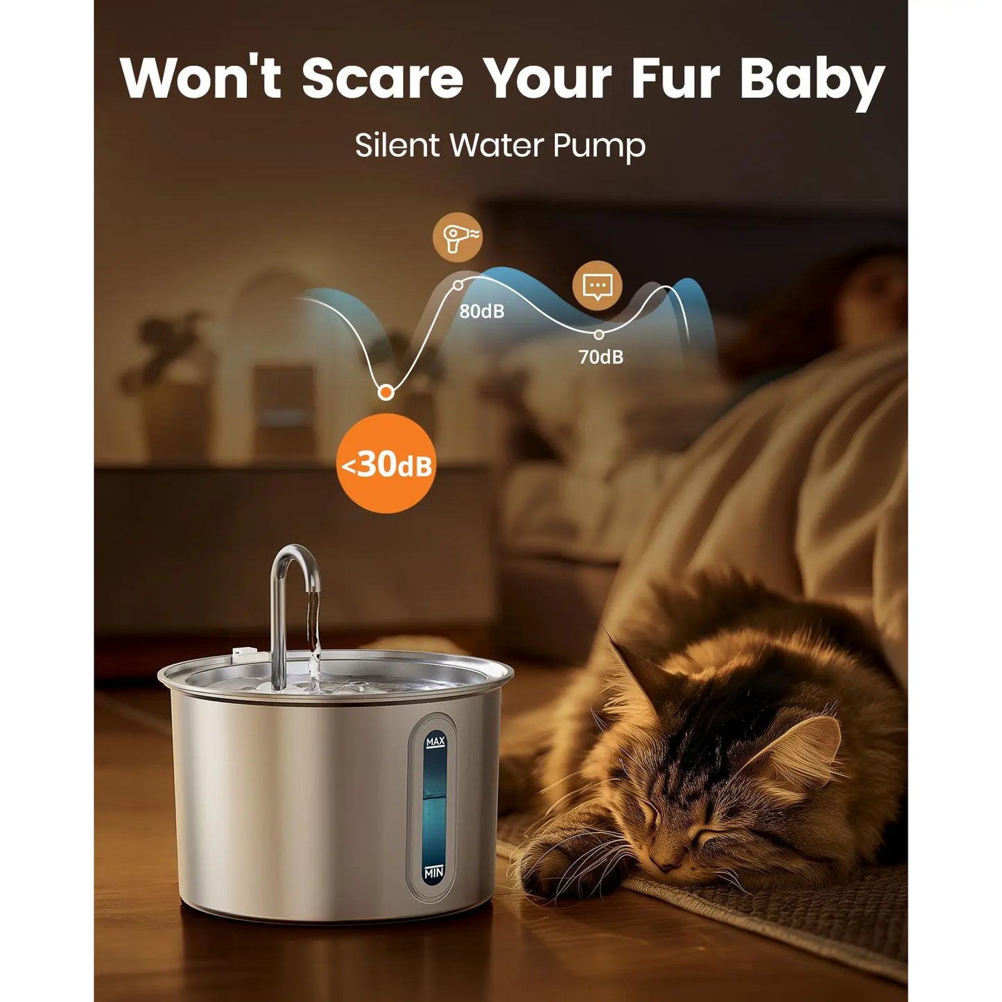 Oneisall 2L Automatic Cat Water Fountain with 3 Replacement Filters, 304 Stainless Steel, Visual Water Level Window with LED – Ideal Gift for Pets