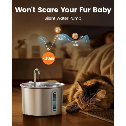 Oneisall 2L Automatic Cat Water Fountain with 3 Replacement Filters, 304 Stainless Steel, Visual Water Level Window with LED – Ideal Gift for Pets