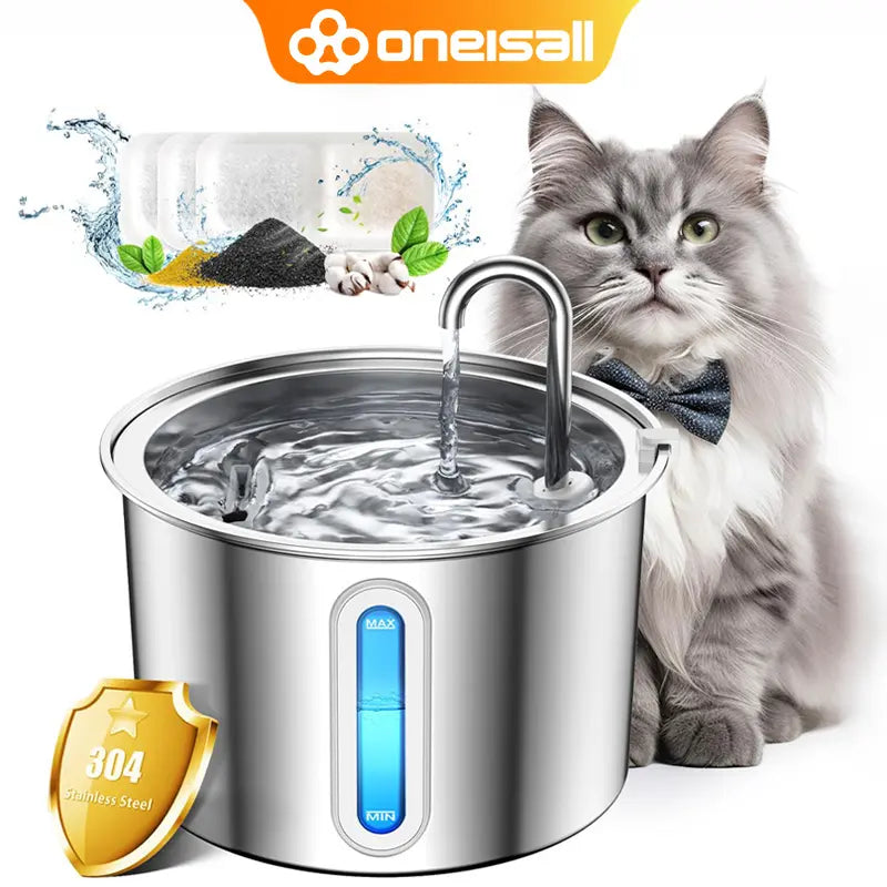 Oneisall 2L Automatic Cat Water Fountain with 3 Replacement Filters, 304 Stainless Steel, Visual Water Level Window with LED – Ideal Gift for Pets