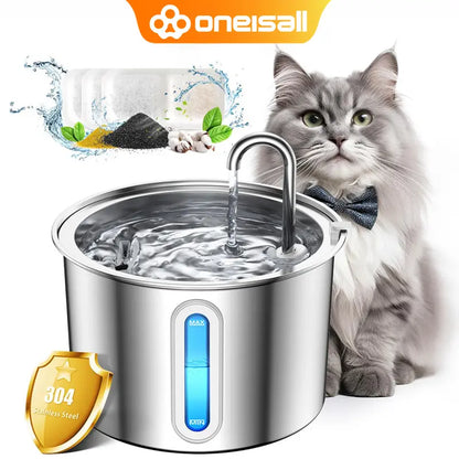 Oneisall 2L Automatic Cat Water Fountain with 3 Replacement Filters, 304 Stainless Steel, Visual Water Level Window with LED – Ideal Gift for Pets