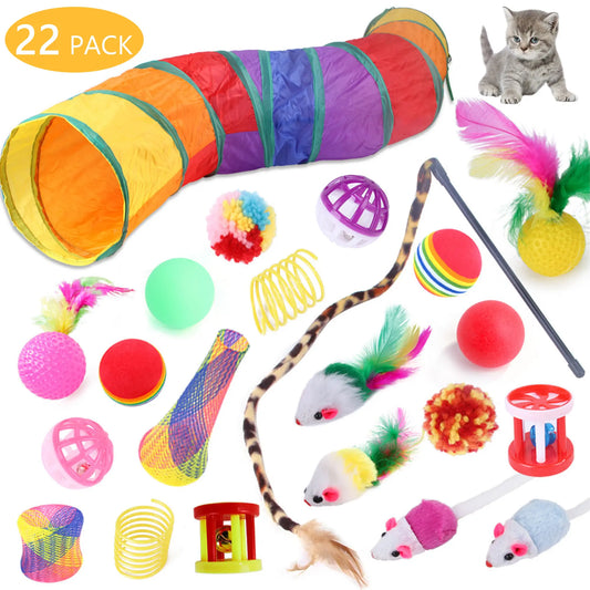 Interactive Cat Toy Set - 22 Pieces for Kittens and Indoor Cats, Featuring Rainbow Tunnel, Feather Teaser Wand, Sisal Mice, Bell Balls, and Crinkle Balls