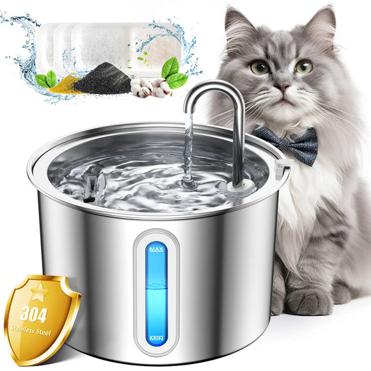 Oneisall 2L Automatic Cat Water Fountain with 3 Replacement Filters, 304 Stainless Steel, Visual Water Level Window with LED – Ideal Gift for Pets