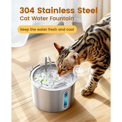 Oneisall 2L Automatic Cat Water Fountain with 3 Replacement Filters, 304 Stainless Steel, Visual Water Level Window with LED – Ideal Gift for Pets