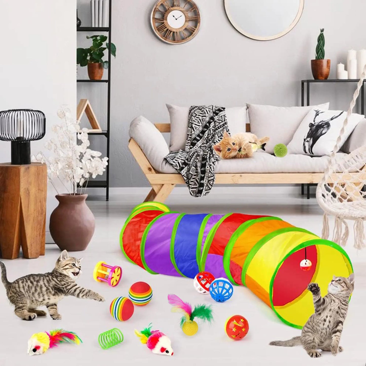 Interactive Cat Toy Set - 22 Pieces for Kittens and Indoor Cats, Featuring Rainbow Tunnel, Feather Teaser Wand, Sisal Mice, Bell Balls, and Crinkle Balls