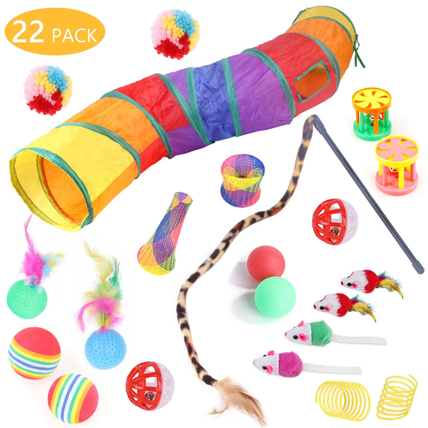 Interactive Cat Toy Set - 22 Pieces for Kittens and Indoor Cats, Featuring Rainbow Tunnel, Feather Teaser Wand, Sisal Mice, Bell Balls, and Crinkle Balls