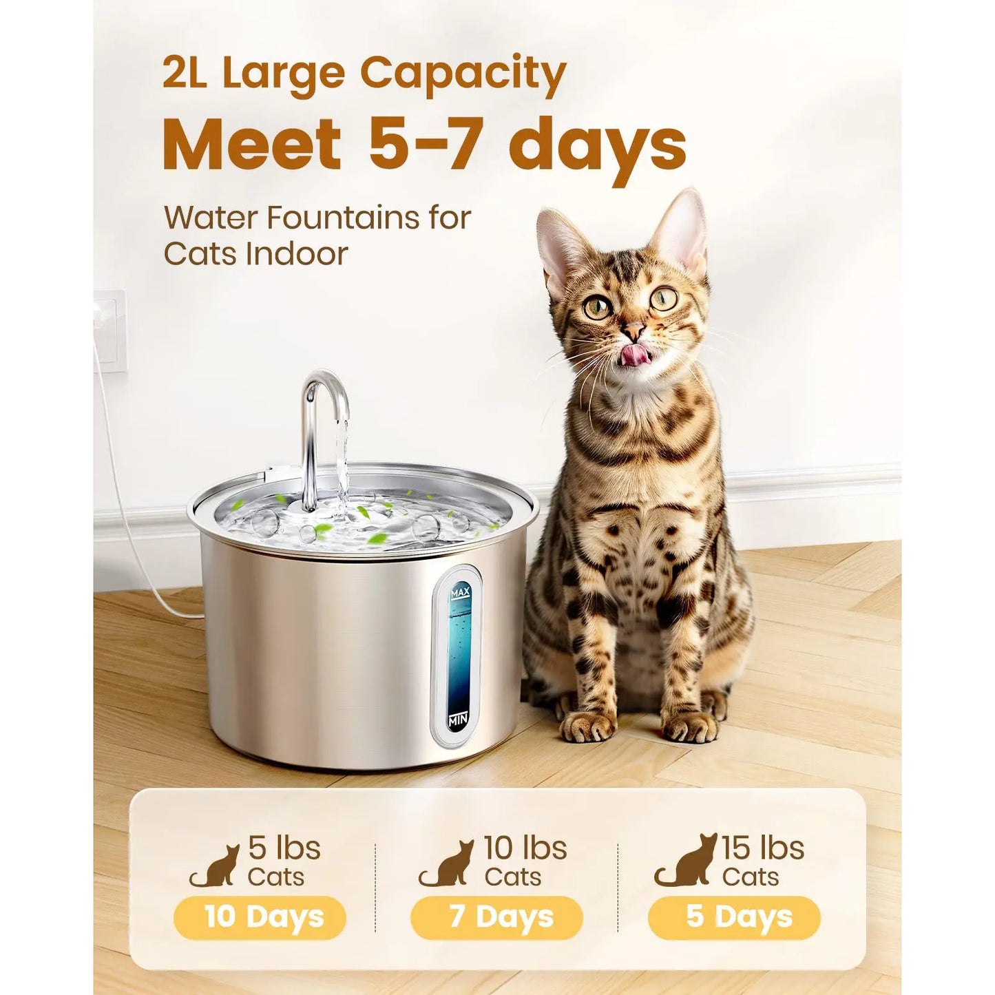 Oneisall 2L Automatic Cat Water Fountain with 3 Replacement Filters, 304 Stainless Steel, Visual Water Level Window with LED – Ideal Gift for Pets